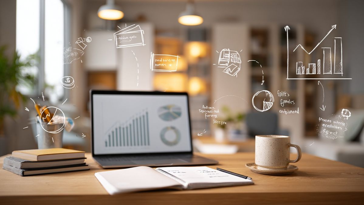 Laptop displaying financial growth charts on a desk with planning notebooks